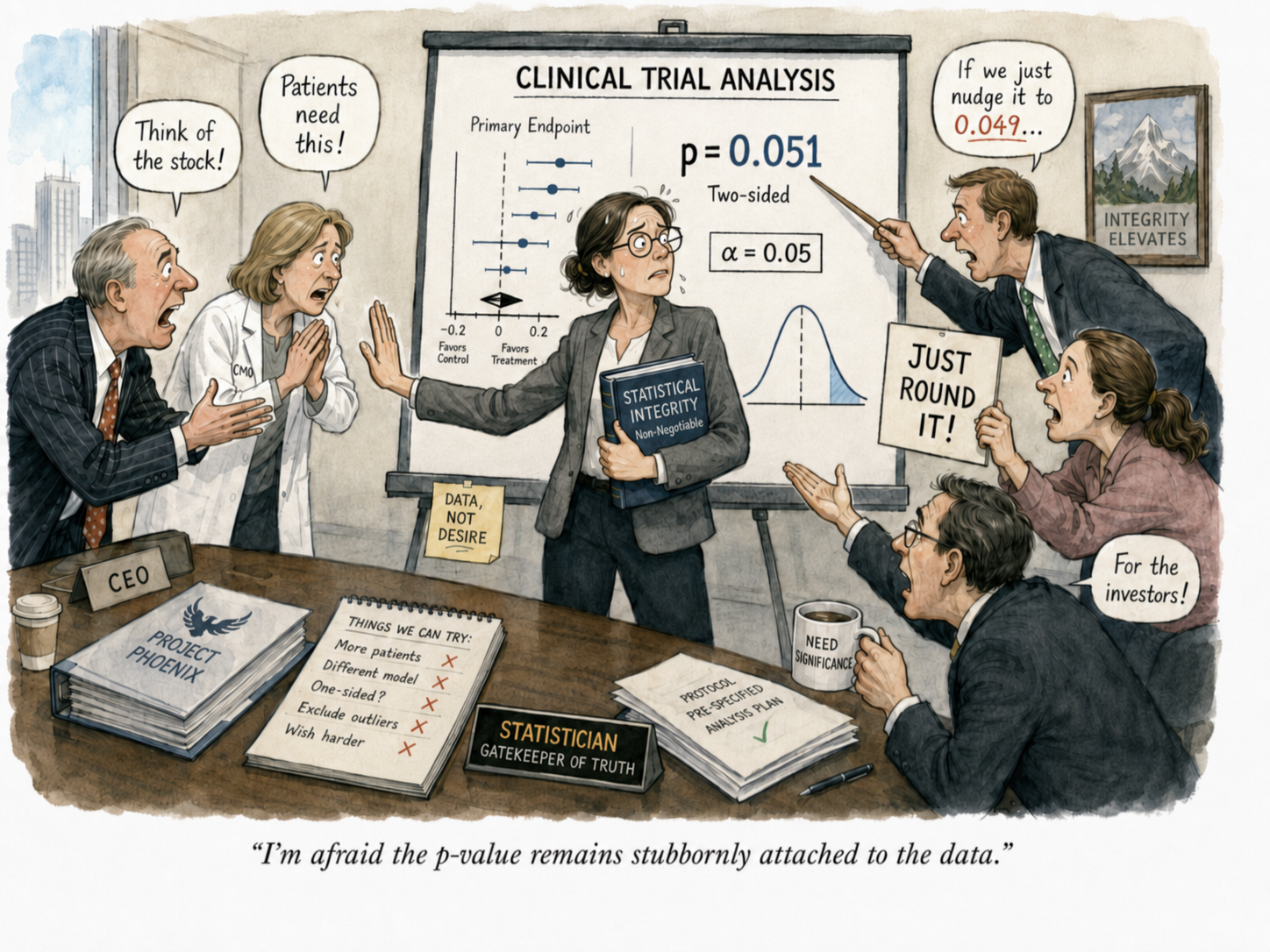 Cartoon: a statistician standing between commercial pressure and the data.